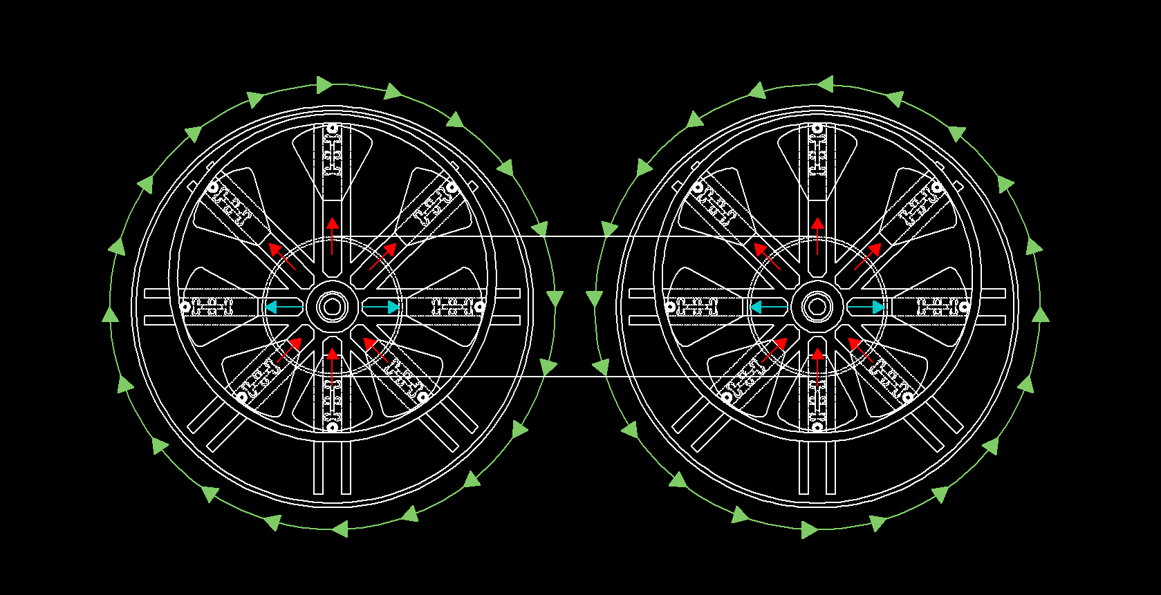A system with excentric centrifugal force obtained with the help of eight doubled masses with variable arm extension.