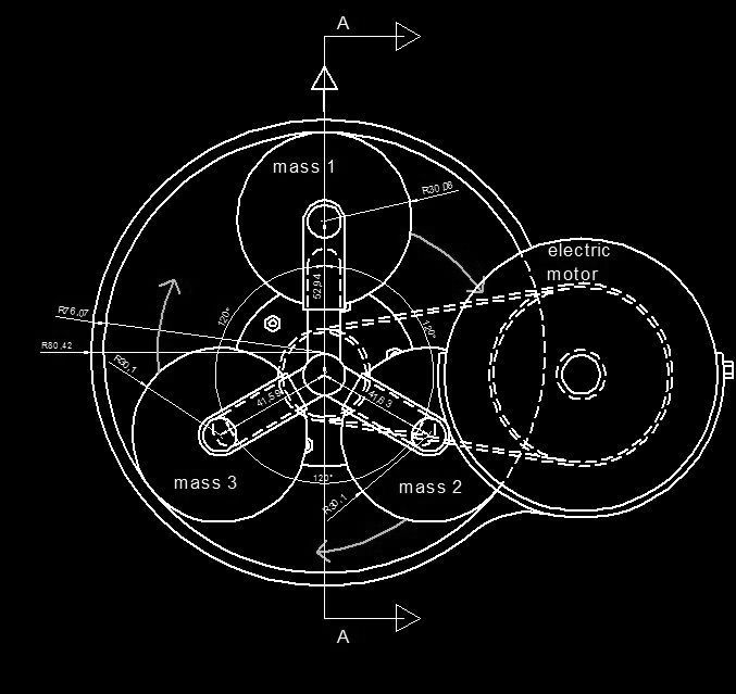 A system with excentric centrifugal force obtained with the help of three rollers with variable arm extension.