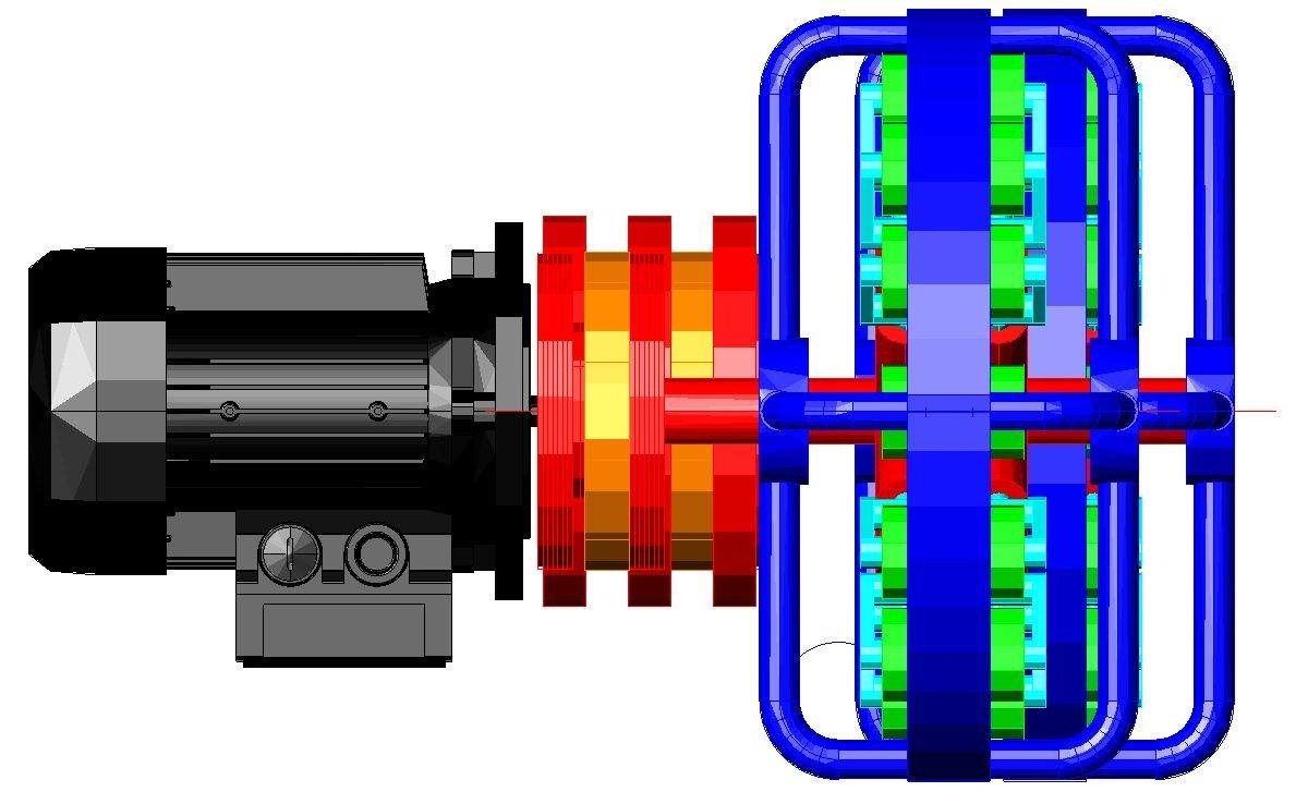 Side view of doubled 12-rollers centrifugal propulsion thruster.